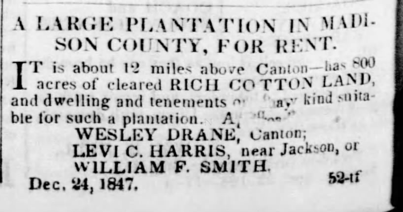 Levi Harris Sold Plantation 12 Miles Above Jackson in 1847