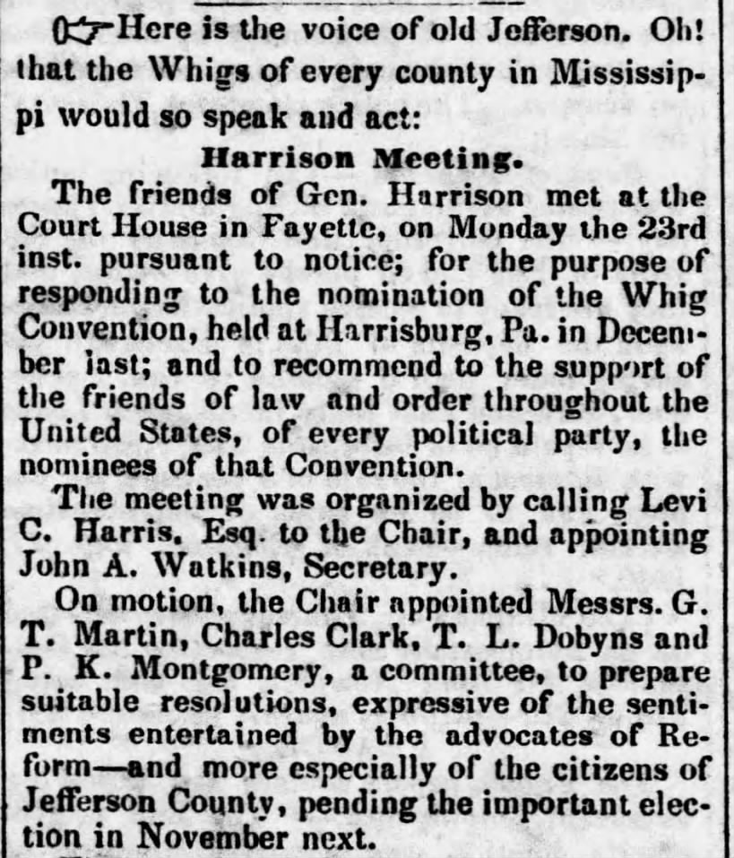 Levi C. Harris was Chairman of the Whigs in Jefferson County, MS in 1840
