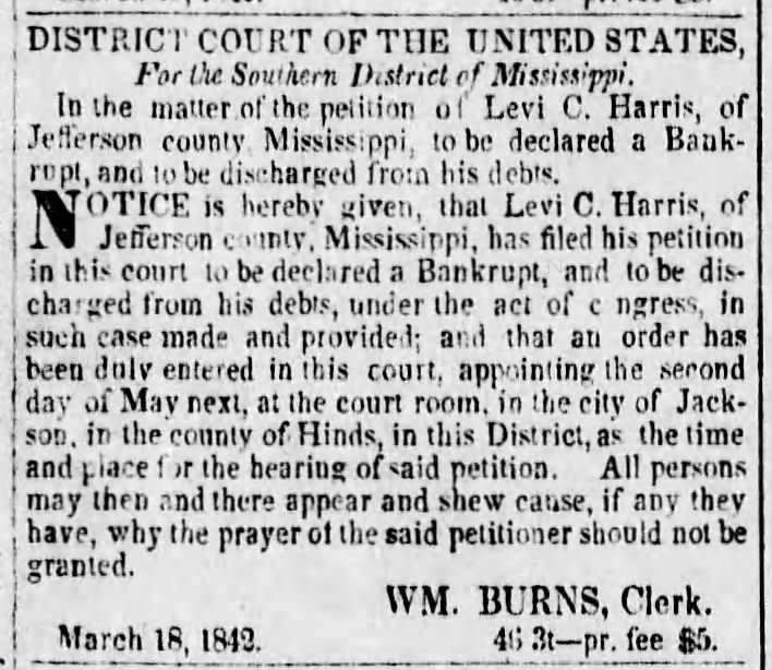 Levi C. Harris Declares Bankruptcy in 1842 in Rodney