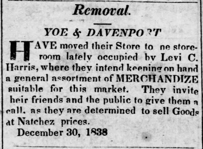 Yoe and Davenport Move to Store Location formerly Occupied by Store of Levi Harrison, Dec 1838