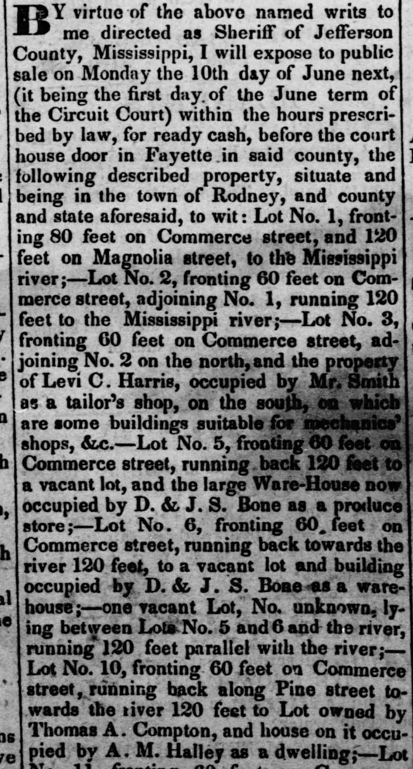 Thomas A. Compton and Levi C. Harris Owned Rodney Town Property at the Same Time - 1 May 1840