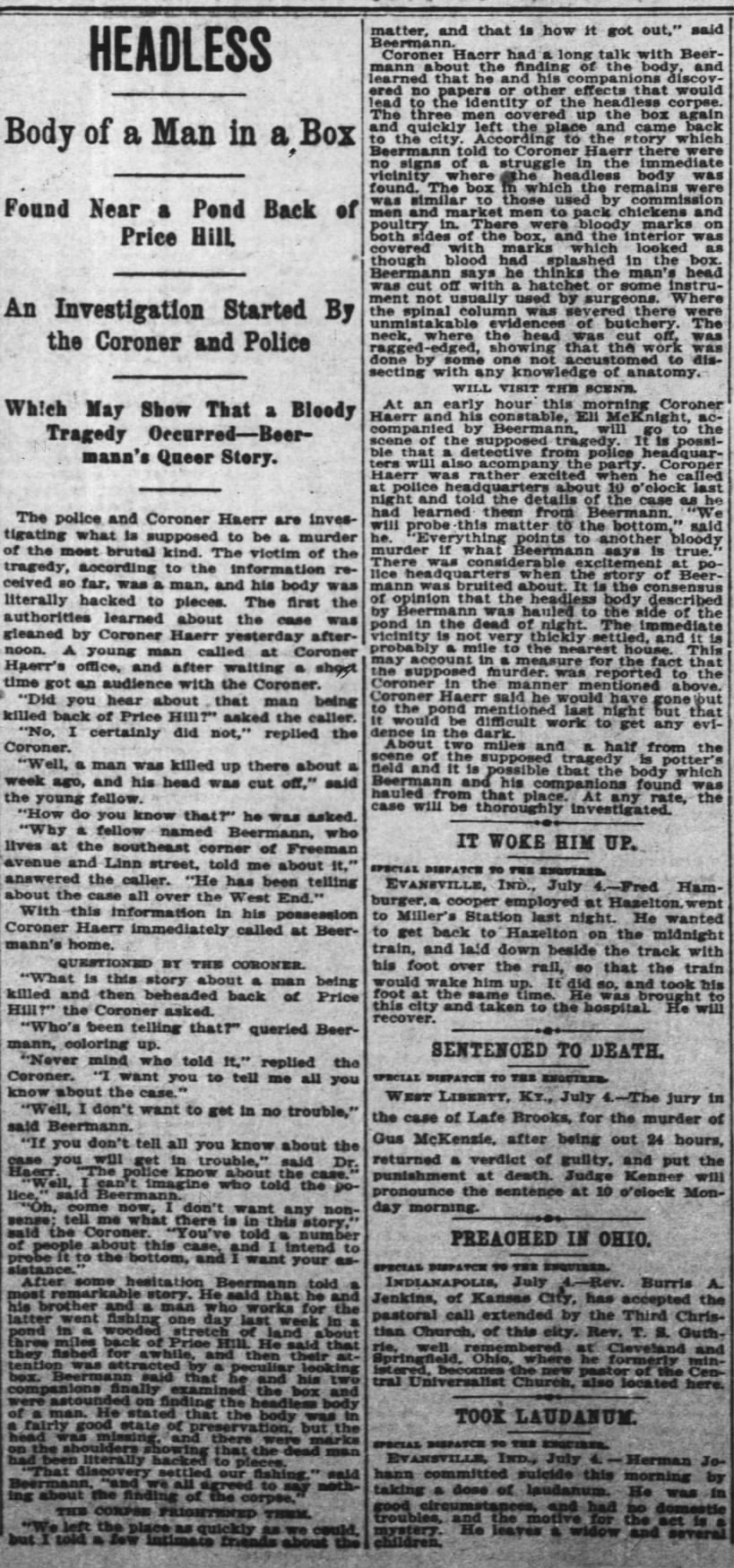 Cincinnati Enquirer, 5 July 1896 - Headless Corpse - Beerman's Story