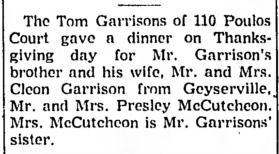 Family dinner - Tom Garrison, Cleon Garrison, Presley McCutcheon 1955 Ukiah