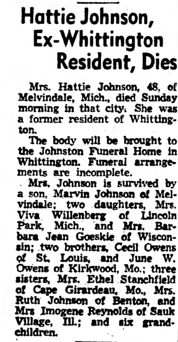 Hattie Johnson obit, 1964