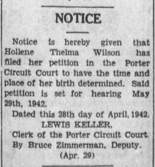 Hollene Wilson petition to determine birth date. 1942