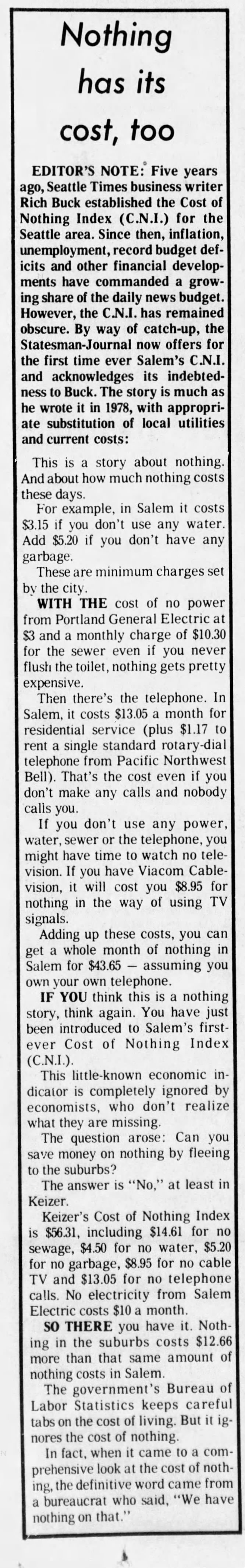 "Cost of Nothing Index", Salem, OR, Statesman-Journal July 5, 1983, p. 1.