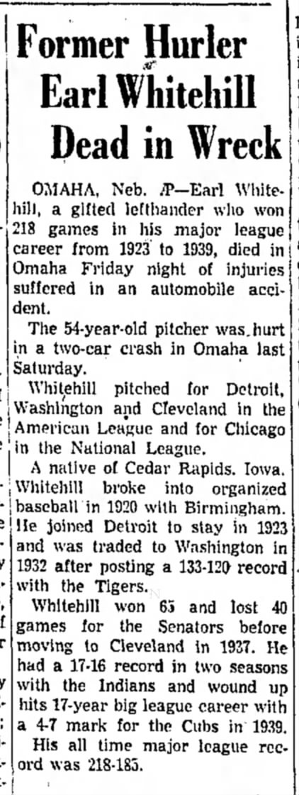 Earl Whitehill Death, Alton Evening Telegraph, Alton, Illinois, Saturday, 23 October 1954.