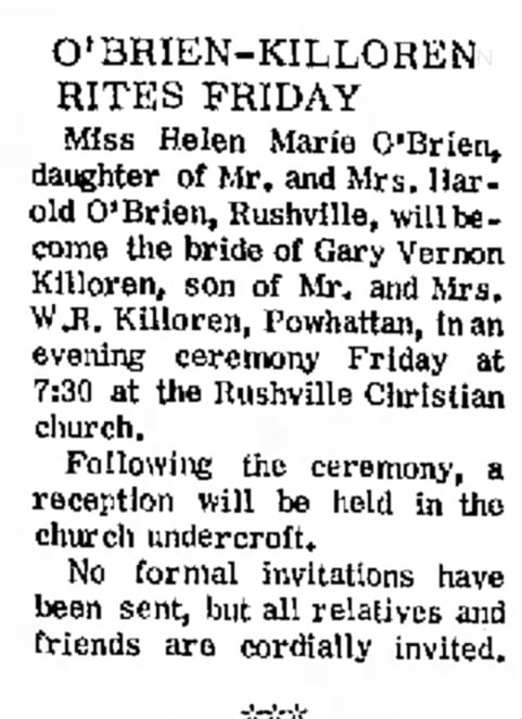 Gary Killoren wedding anouncement Atchison Daily Globe 8 Feb 1970