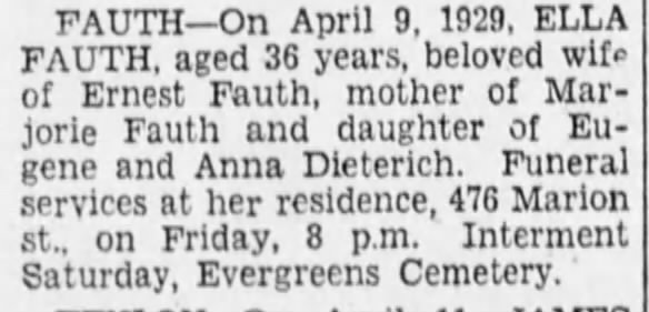 Ella Fauth Obit 12 April 1929 Brooklyn Daily Eagle page 66