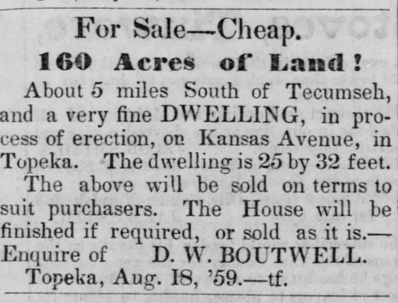 Topeka, Kansas
 


Saturday, September 24, 1859 
Topeka Tribune 24 Sep 1859 page 4


