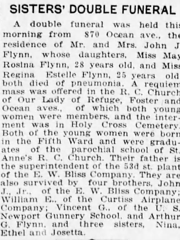 Flynn Daughter's death 1918