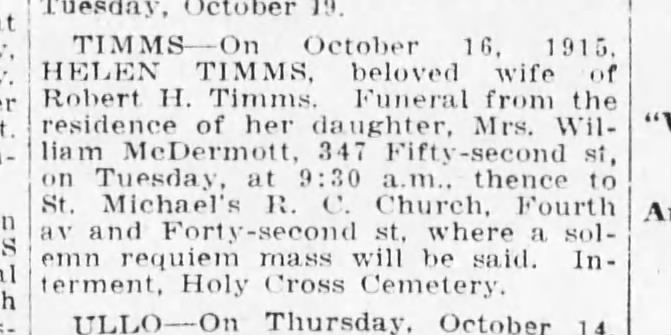 Helen Keegan-Timms Death Notice Oct 1915
