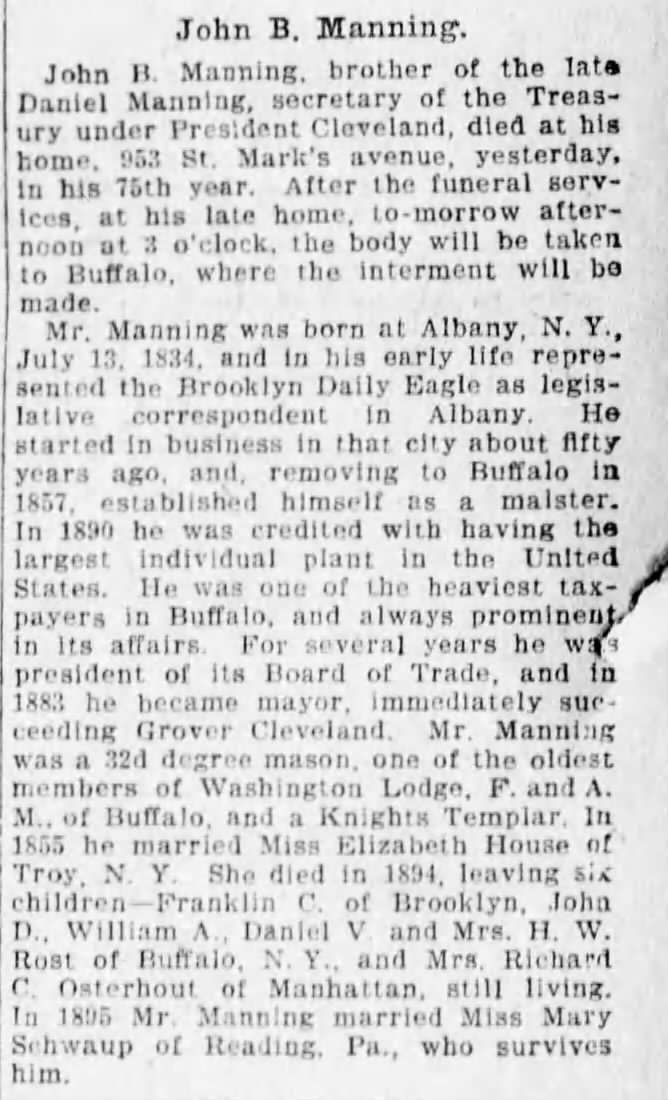 Obituary of John B. Manning, from The Brooklyn Daily Eagle (Brooklyn, New York) 29 Apr 1908 Page.3