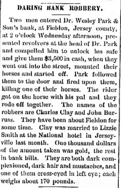 John Burruss and Charles Clay Bank Robery 21 Oct 1881 Alton Telegraph