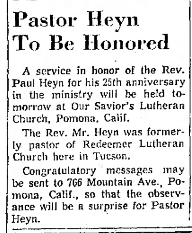 Rev. Heyn 1959 - Pastor of Our Savior's Lutheran Church, Tucson, AZ