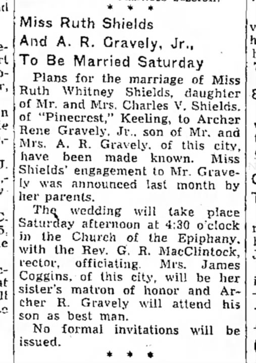 Archer Rene Gravely Jr marriage announcement to Ruth Whitney Shields
