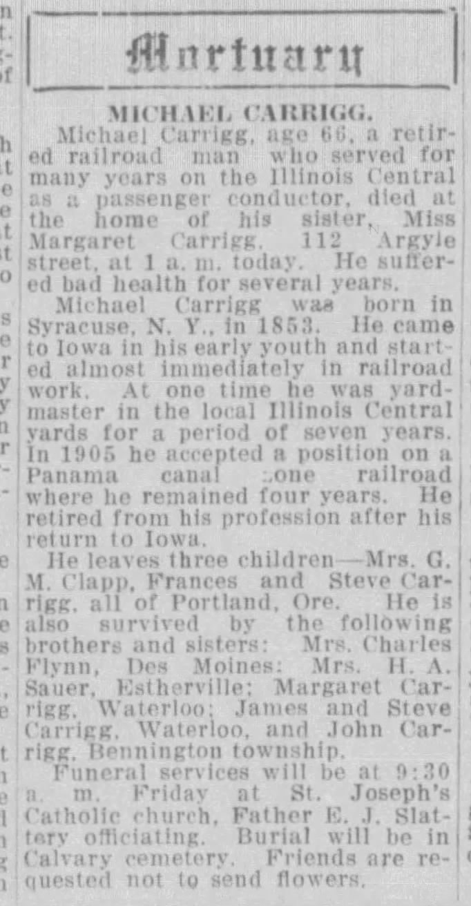 Michael Carrigg, obit, The Courier, Waterloo, Iowa, 03 Nov 1919, page 12