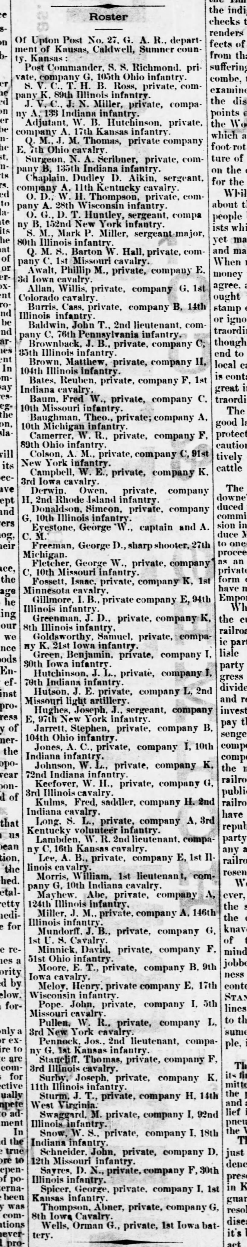 Roster of Upton Post, Caldwell, KS, Caldwell Daily Standard, 27 Mar 1884