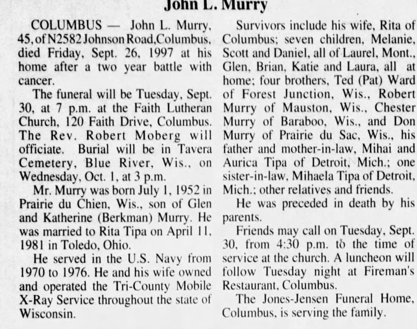 Obituary for John L. Murry (Aged 45)