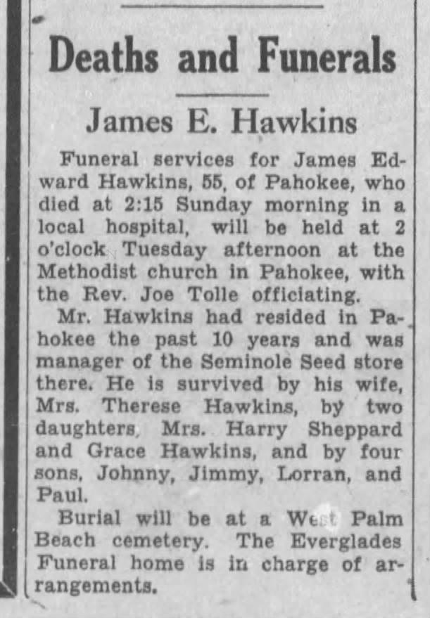 Death announcement - James E. Hawkins