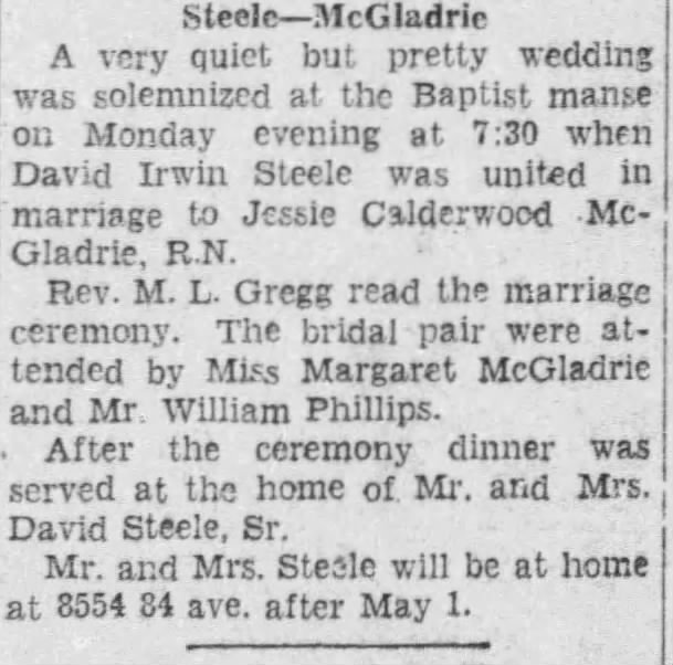 Marriage Announcement: David Irwin Steele & Jessie Calderwood McGladrie, RN