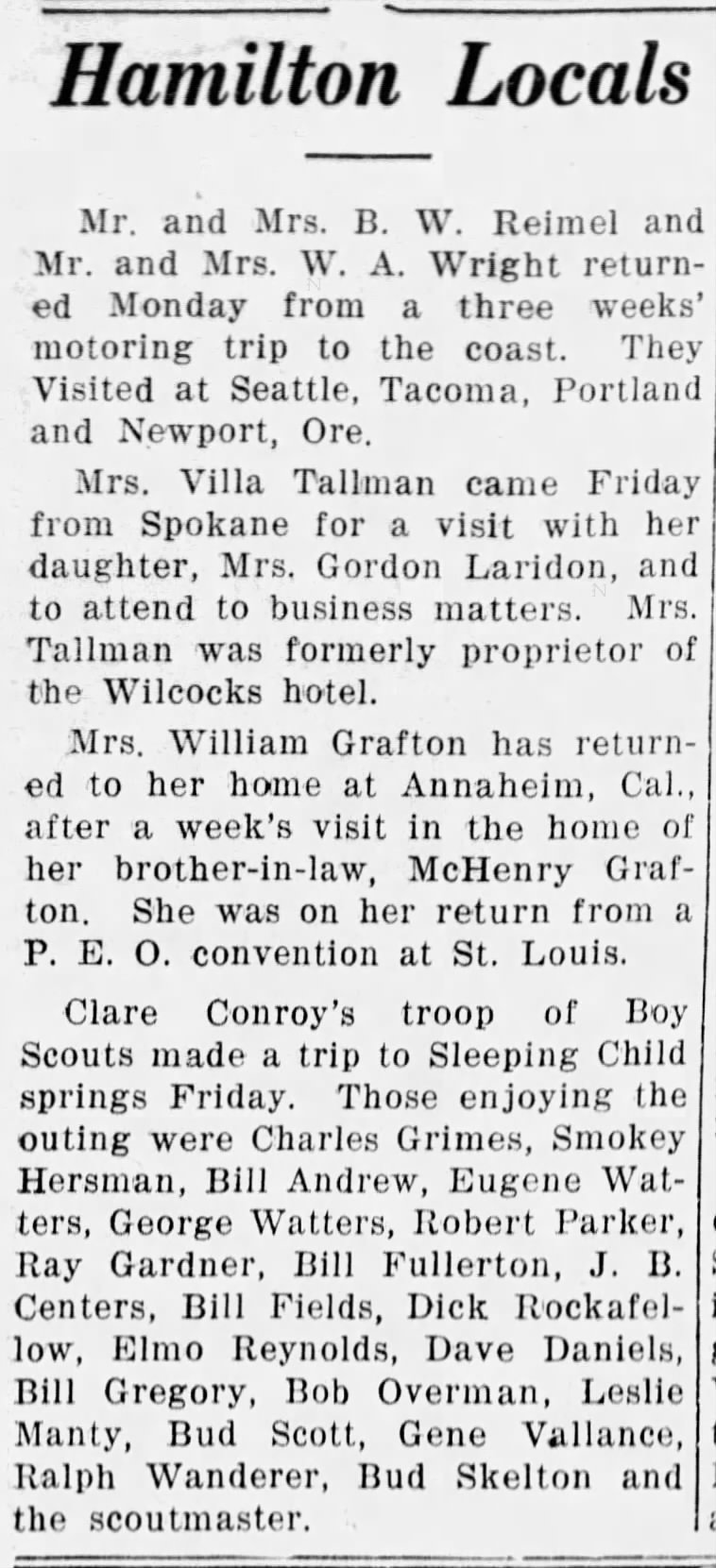 Elmo Charles Reynolds mentioned in Ravalli Republican newspaper article on October 14, 1937.