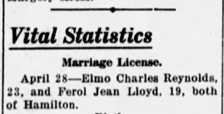 Marriage License Granted To Elmo Charles Reynolds And Ferol Jean Lloyd