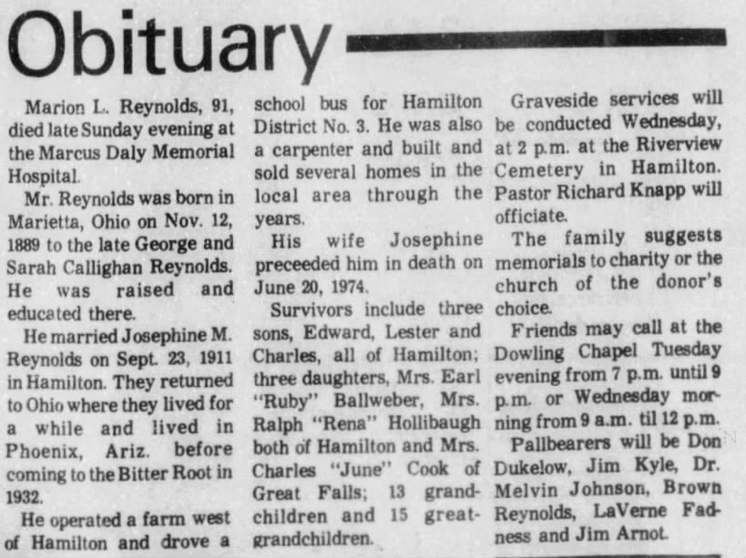 Obituary Of Marion Lester Reynolds