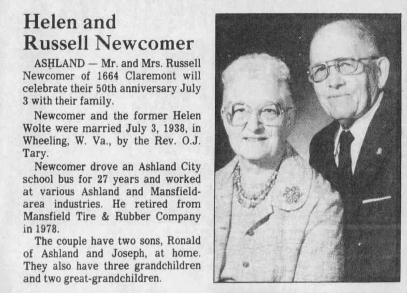 Russell & Helen Mae (Woltz) Newcomer 50th wedding anniversary. *3 Jul 1988*