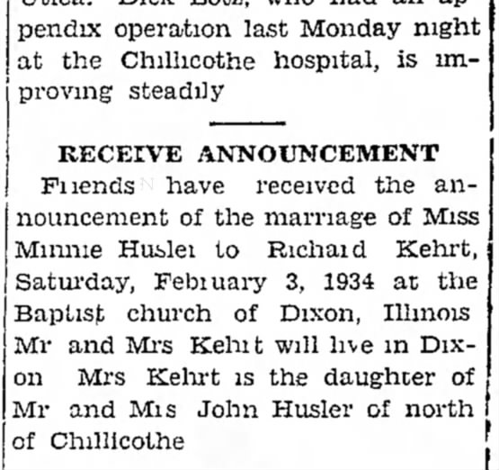 Minnie Husler and RW Kehrt Receive Announcement 3Feb1934