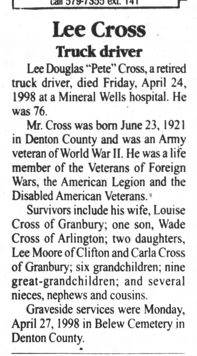 Lee Douglas " Pete " Cross Obituary