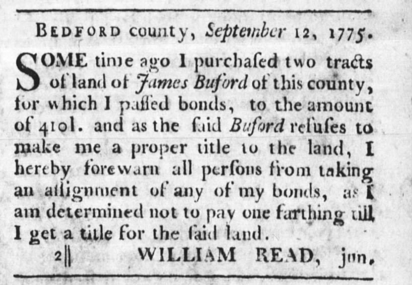September 22, 1775 - Bedford County Land Dispute