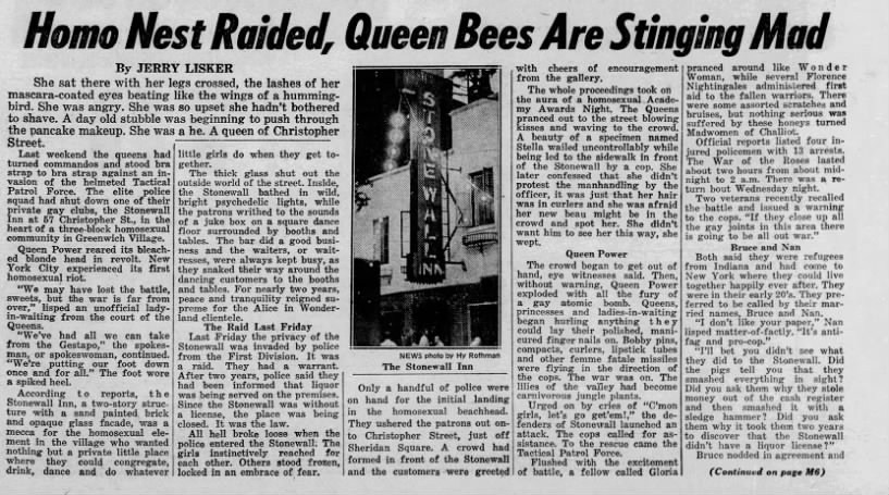 Homo Nest Raided, Queen Bees Are Stinging Mad, Daily News, 6 July 1969
