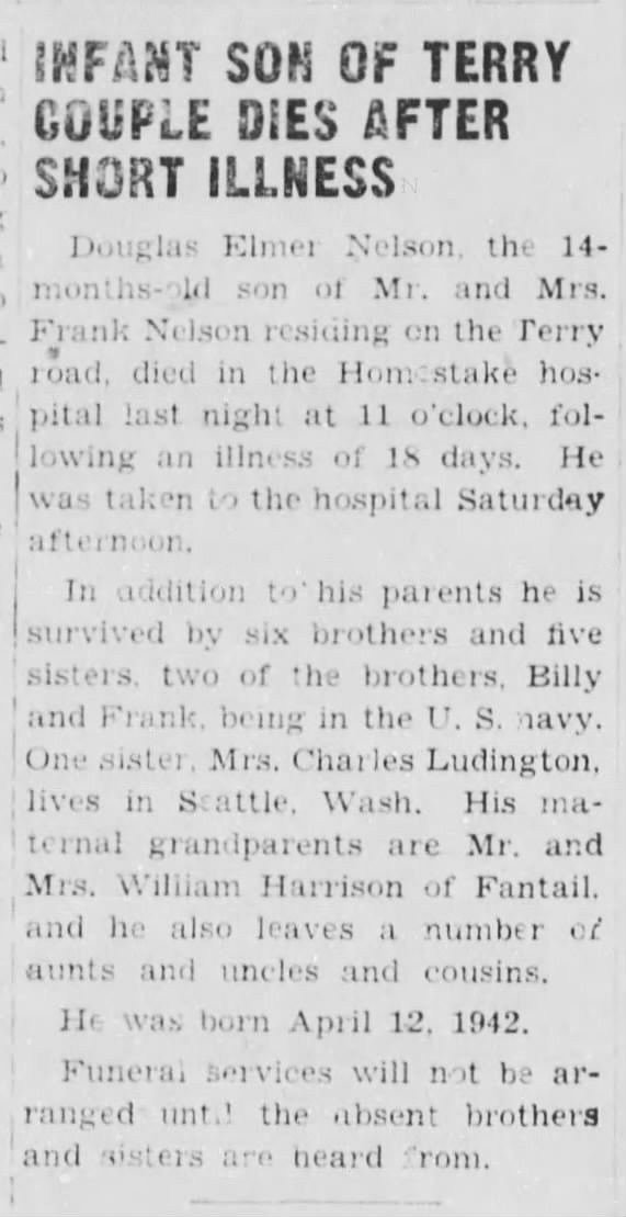 Nelson Douglas Elmer
Infant son of Terry Couple
Lead Daily Call 6.21.1943