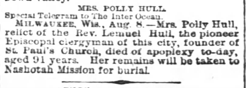 The Inter Ocean (Chicago) - 9 AUG 1881 shows Rev Lemuel Hull obit.