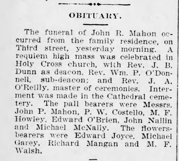 John R Mahon Obituary PWC Pallbearer The Scr Rep Apr 11 1901 pg 5