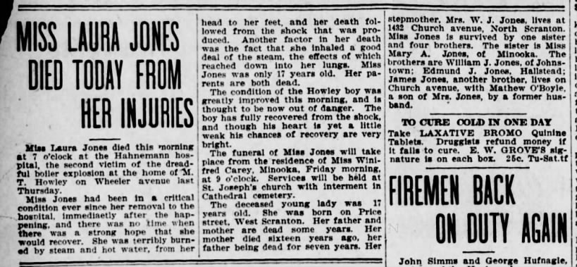 Laura Jones Dies from Howley Home Explosion Scr Truth Oct 16 1906 pg 2