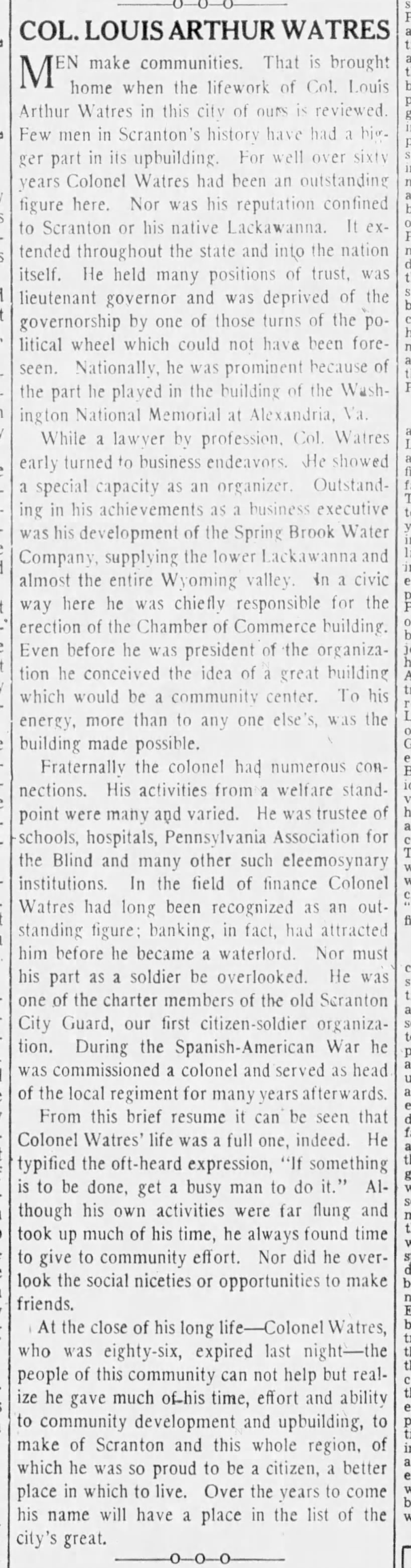 Col Louis Arthur Watres Memorial Editorial Times Tribune Jun 29 1937 pg 6