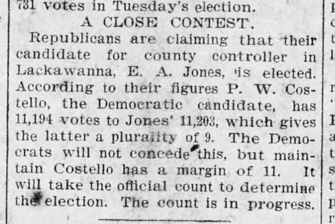 PWC Initial results of County Controller election Allentown Leader Nov 9 1901 pg 1