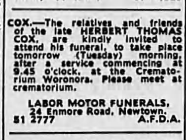 Funeral Herbert Thomas COX 1975