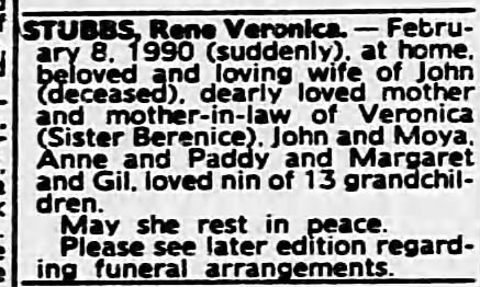 Death Rene Veronica STUBBS, nee SMITH 1990
