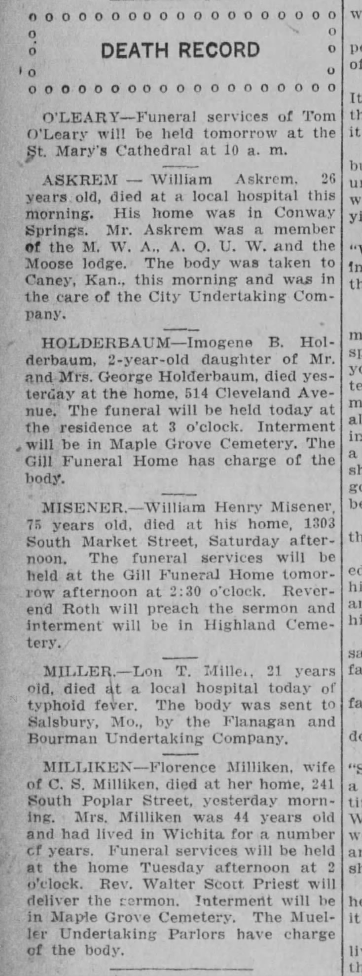 thomas oleary 1916 obituary 2 at Calvary Cemetery in Wichita Kansas