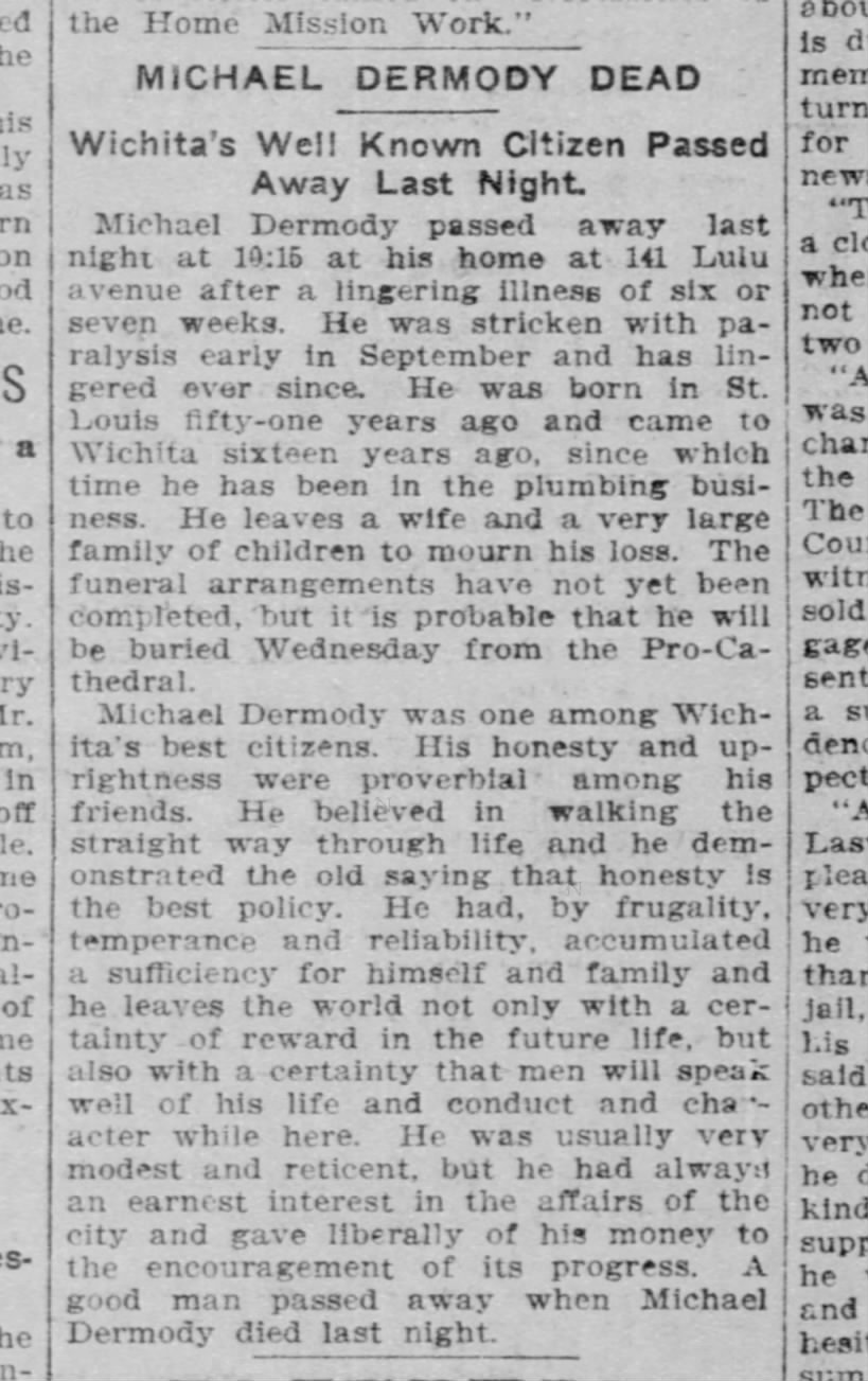 michael dermody 1851 1902 obituary at calvary cemetery in wichita kansas