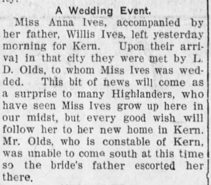 Anna Ives Wed in Kern 1908