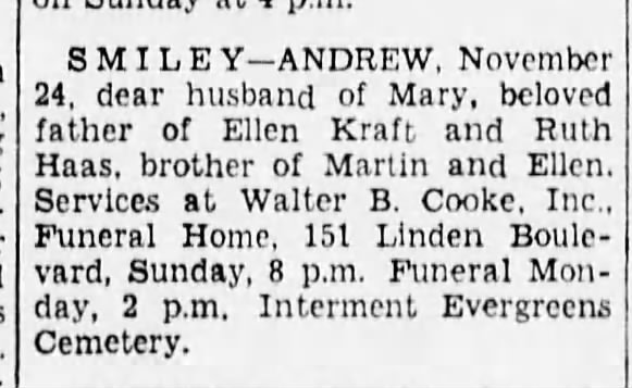 SMILEY, Andrew - Obituary, Brooklyn Daily Eagle - 25Nov1938 (also pub 26Nov1938)