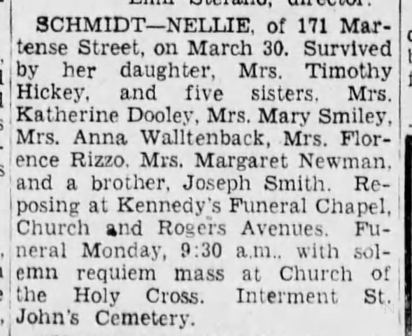 Schmidt (nee Smith, formerly Ennis), Nellie - Obit BDE 31 Mar 1944
