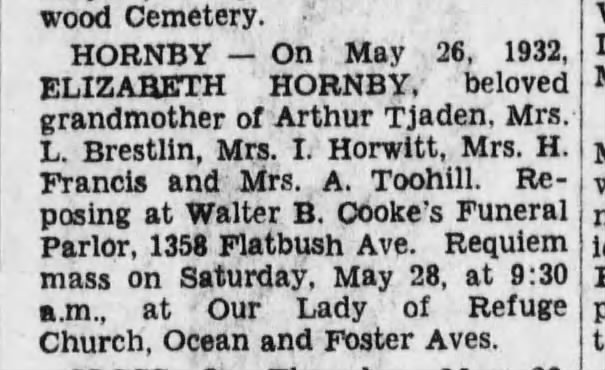 Hornby, Elizabeth - BDE Death Notice 27 May 1932