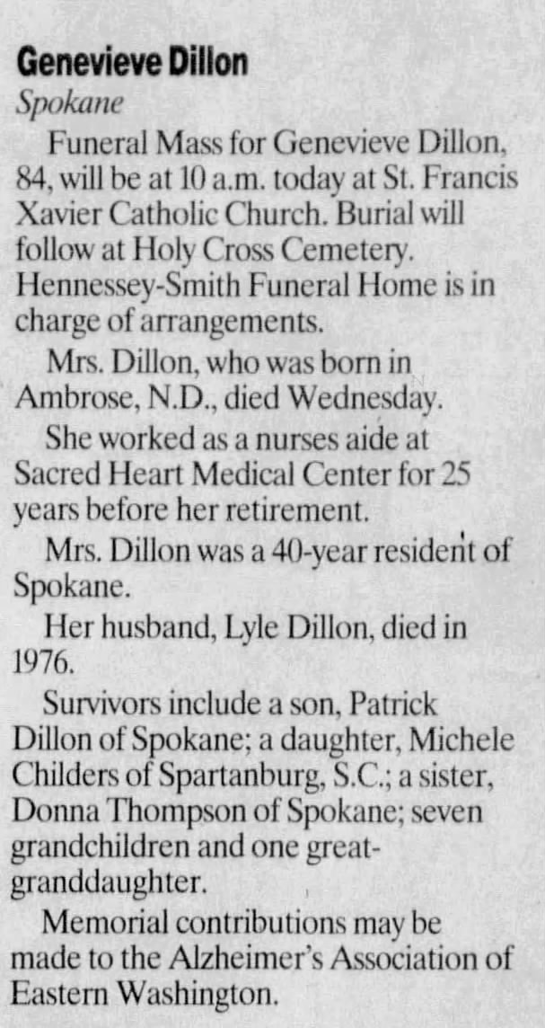 Obituary for Genevieve Dillon (Aged 84)