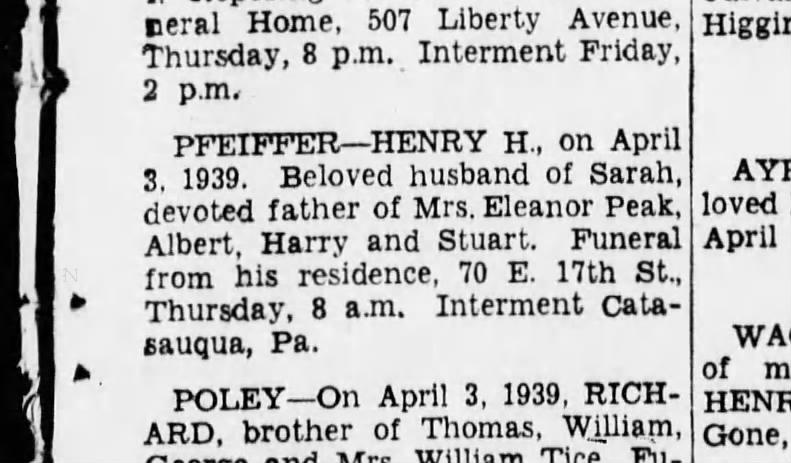 Death of Henry H Pfeiffer 5 April 1939 Brooklynn Daily Eagle Brooklynn,NY