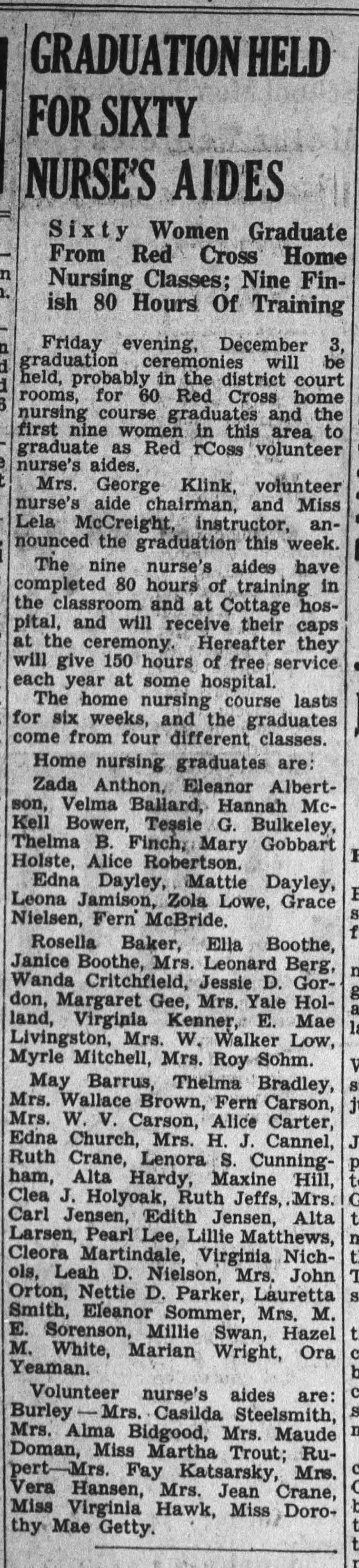 Zada Anthon graduates from Red Cross Home Nursing Classes 1943